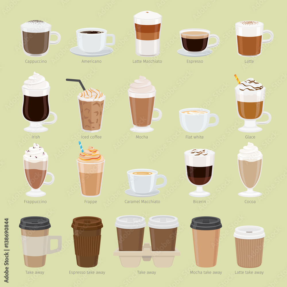 Fototapeta premium Set of Coffee Types and Packages. Coffee Menu