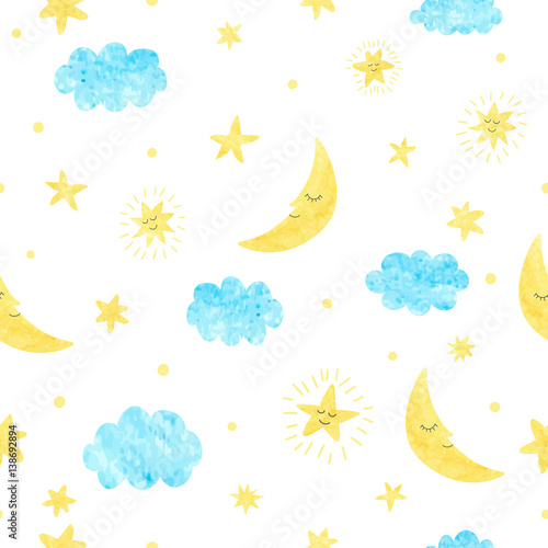 Childish seamless pattern with moon, clouds and stars. Vector background for kids design.