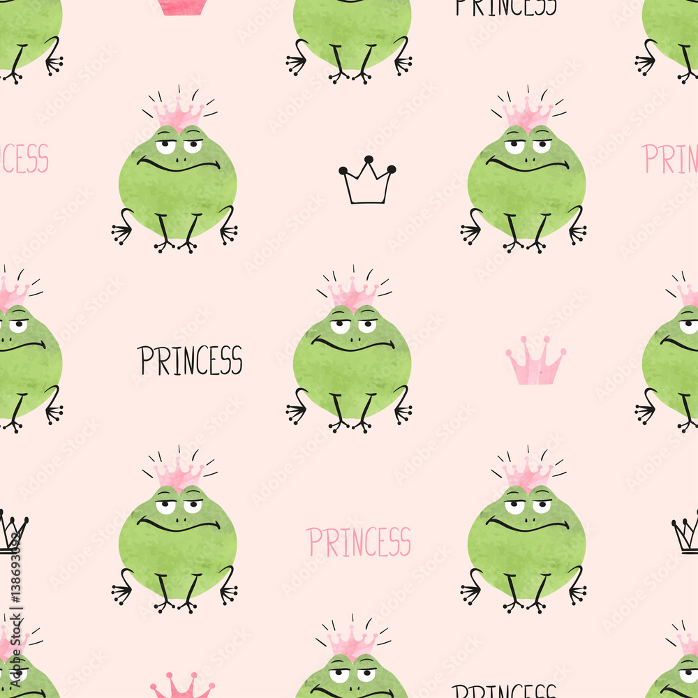 Seamless cute princess frogs pattern. Vector background for kids design. Seamless cute princess frogs pattern. Vector background for kids design.