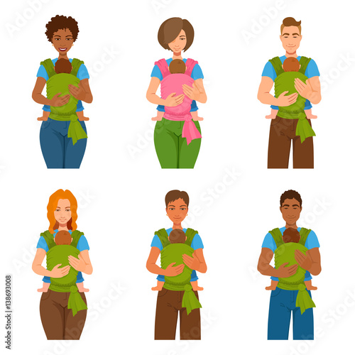 People with slings for babies. Woman and man are tied by scarf fabric for carrying a child. Mother and father holding child.