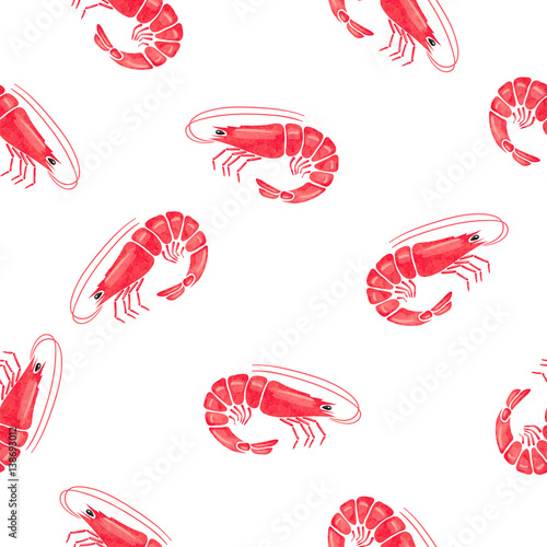 Seamless watercolor shrimps pattern. Vector illustration. 