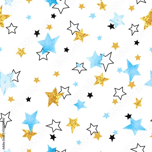 Tapety Wzór gwiazdy bez szwu. Tło z akwarela niebieski i błyszczące złote gwiazdy.