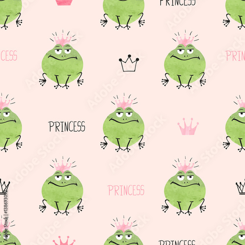 Seamless cute princess frogs pattern. Vector background for kids design. 