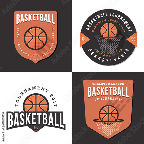 Set of basketball tournament logos, sport team, champion league, athlete emblems. Vector illustration.