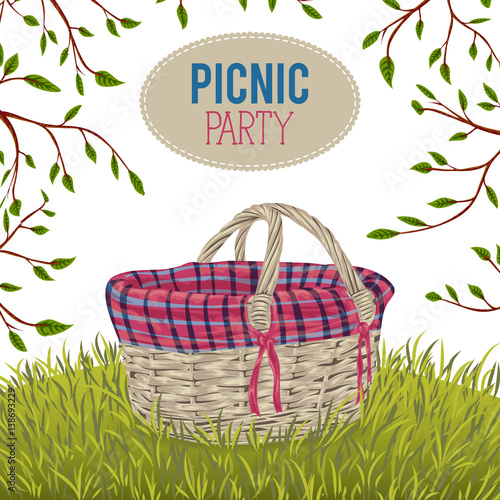Picnic basket in meadow with grass and tree branches. Isolated elements. Design concept for picnic or barbecue party. Summer vacation. Hand drawn vector illustration