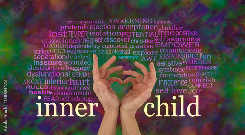 Discover and learn to love your Inner Child - female hands making a heart shape with the words INNER CHILD at wrist level and a relevant word cloud above on a rich multi colored background
