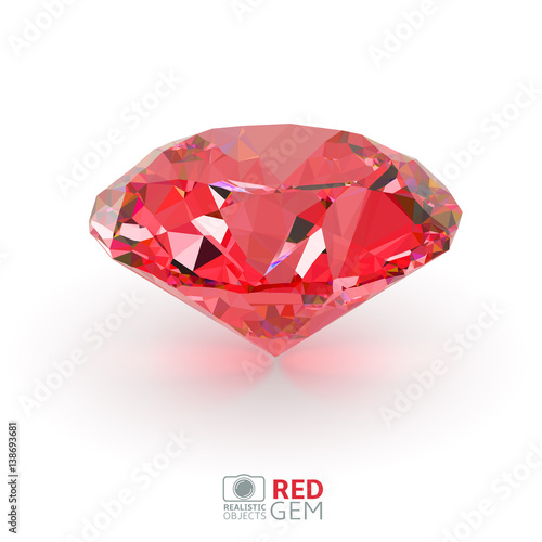 Shiny realistic 3d red diamond or ruby isolated on white background, front view, vector illustration