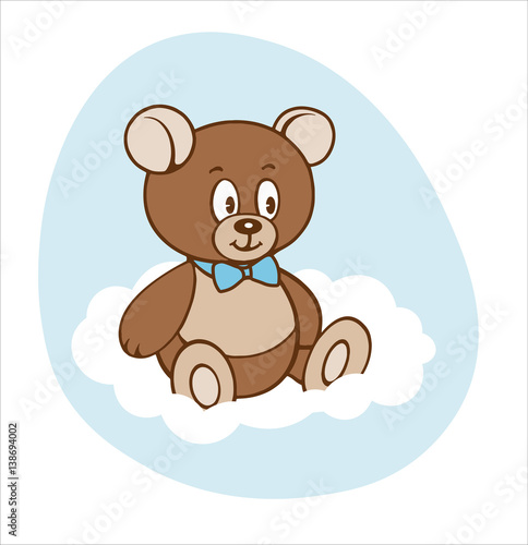 Cute cartoon teddy boy bear on white cloud