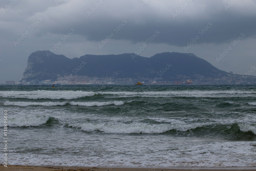 Rock of Gibraltar on a cloudy day, the view from the sea