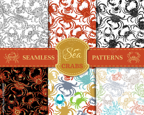 Vector set of seamless crabs patterns.