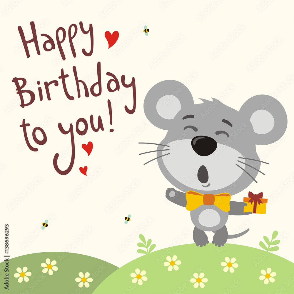 Happy birthday to you! Funny mouse sings birthday song with gift in hand.  Card with mouse in cartoon style. Stock Vector | Adobe Stock