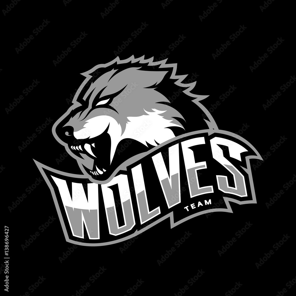 Naklejka premium Furious wolf sport vector logo concept isolated on dark background. Web infographic predator team pictogram. Premium quality wild animal t-shirt tee print illustration.