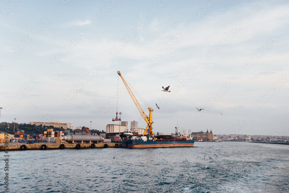 Port and flying seagulls in the sky. Beautiful peaceful view Istanbul, Turkey