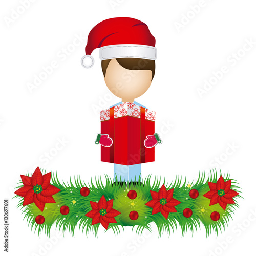 boy faceless with gift and wreath with christmas flowers decorative vector illustration