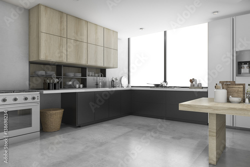 Fototapeta Naklejka Na Ścianę i Meble -  3d rendering loft concrete and black kitchen with wood shelf