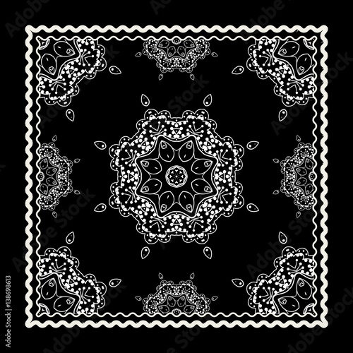 Black Bandana Print. Vector ornamental tile pattern with border and frame