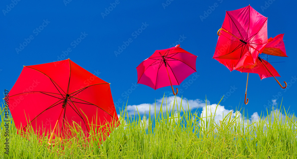 parasols rouges chahutés et emportés par le vent, fond herbe et ciel bleu 