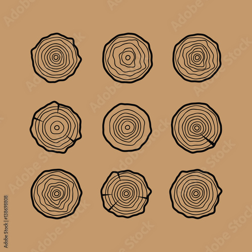 Set of four tree rings icons. Concept of saw cut tree trunk. Tree rings vector