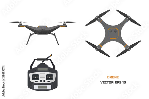 Grey drone on a white background. The control panel of quadrocopter . Front, top view