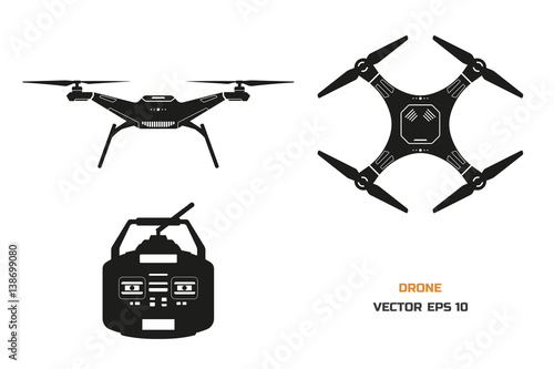 Black silhouette of drone on a white background. The control panel of quadrocopter . Front, top view