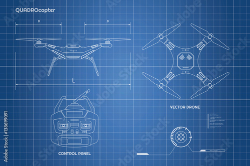 Drawing of drone.  Industrial blueprint The control panel of quadrocopter . Front, top view