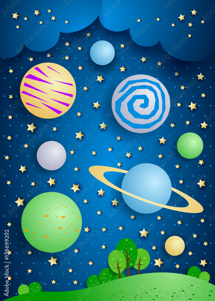 Surreal landscape with big planets in the sky Surreal landscape with big planets in the sky