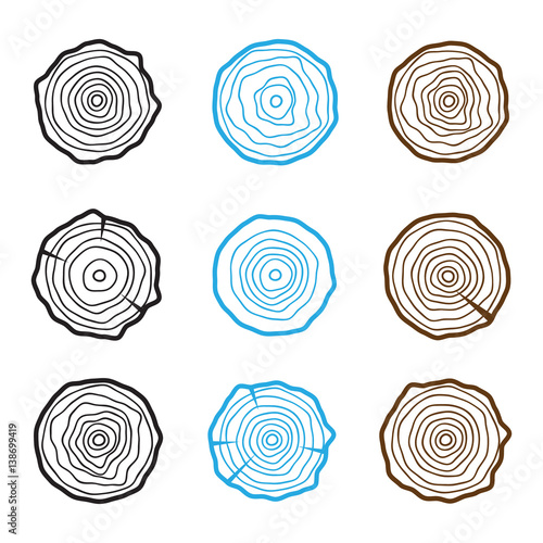 set of four tree rings icons. concept of saw cut tree trunk, forestry and sawmill