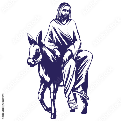 palm Sunday, Jesus Christ rides on a donkey into Jerusalem , symbol of Christianity hand drawn vector illustration sketch
