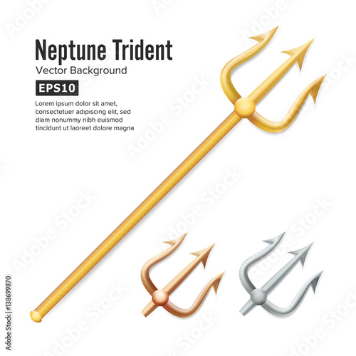 Neptune Trident Vector. Realistic 3D Silhouette Of Poseidon Weapon. Gold, Silver, Bronze. Pitchfork Sharp Fork Object. Isolated On White Background.