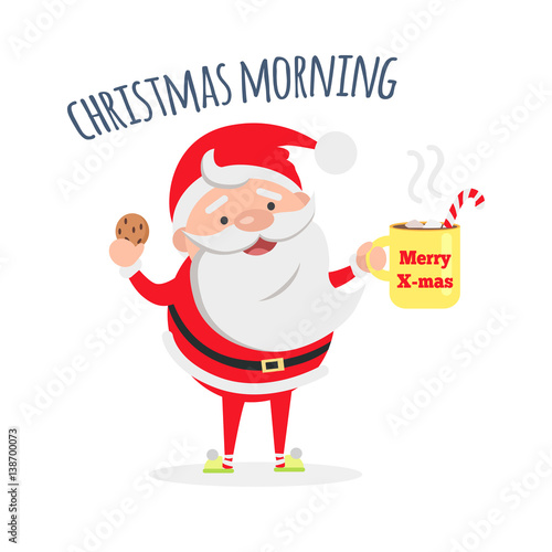 Santa Claus with Cup of Coffee and Tasty Biscuit.