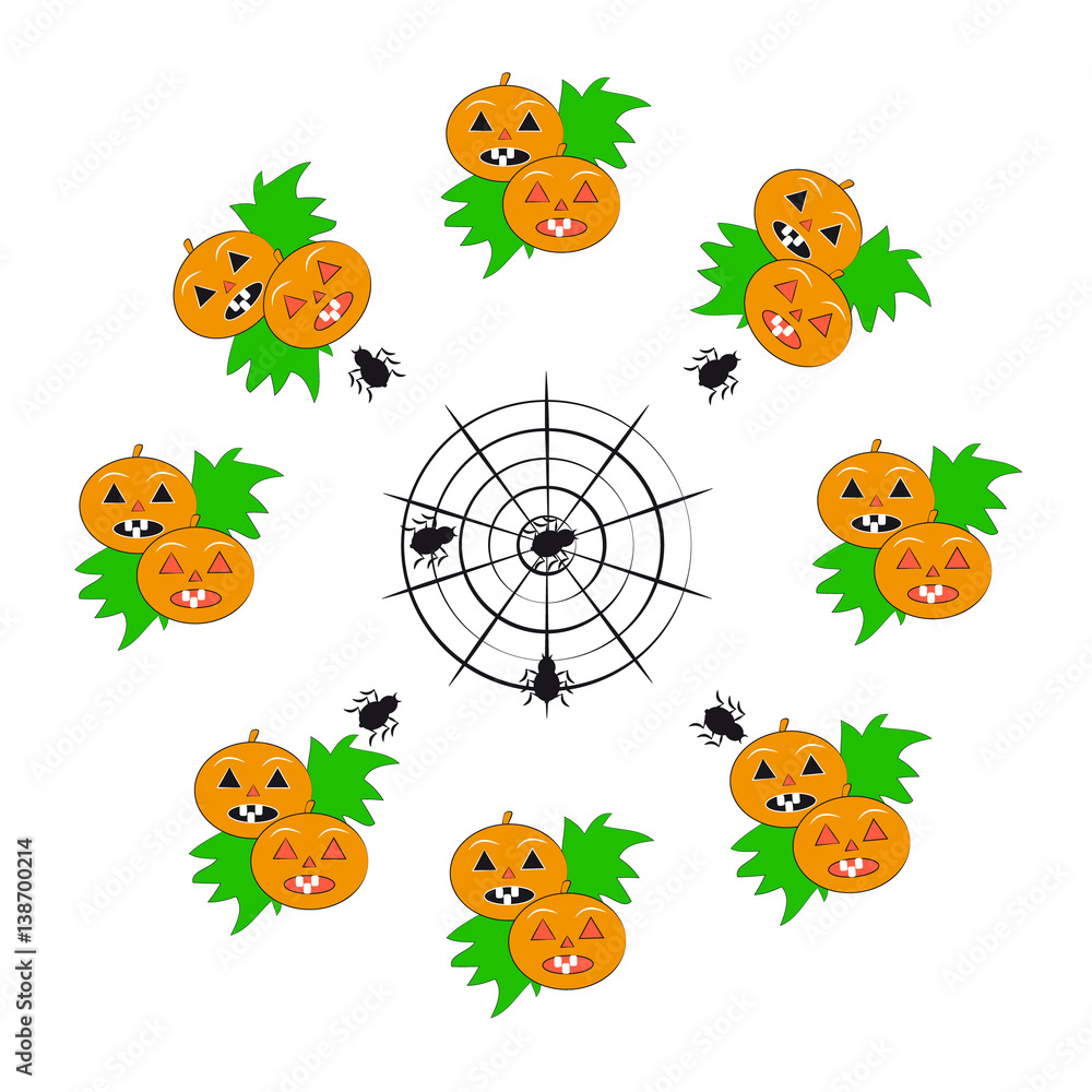 Naklejka premium Pumpkins with spiders on white background