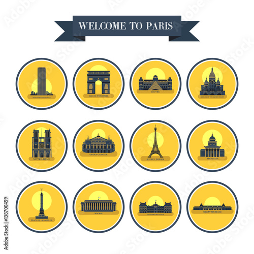 Sights Of Paris. France. Famous palaces and monuments. Architecture. Vector icons round shape.