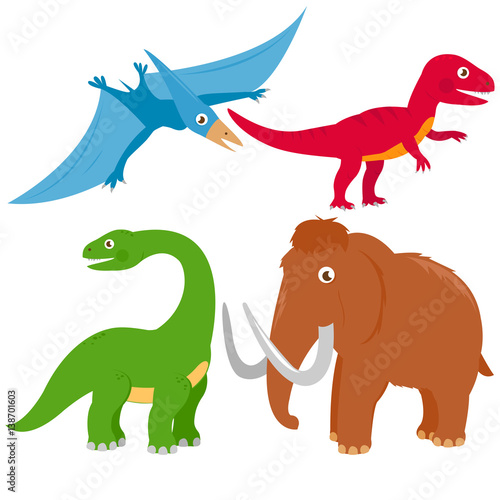 Collection of dinosaurs. Pterodactyl  brontosaurus  apatosaurus  mammoth and tyrannosaurus. Vector illustration set