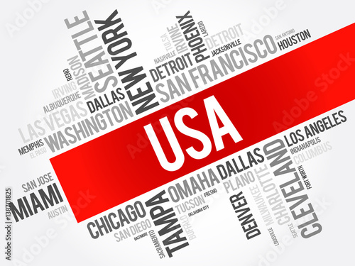 USA cities names words cloud collage, concept background