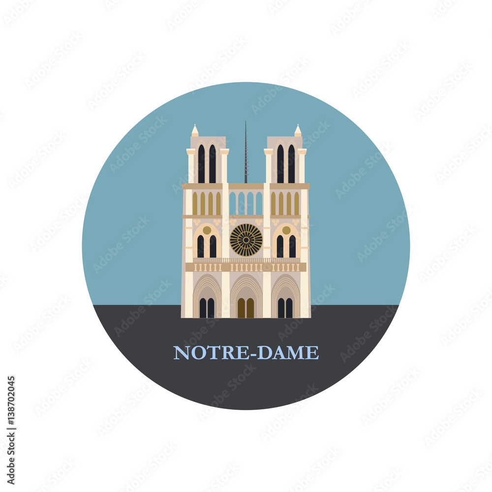 Notre Dame in Paris. Vector illustration. Round icon. The famous Notre Dame Cathedral.