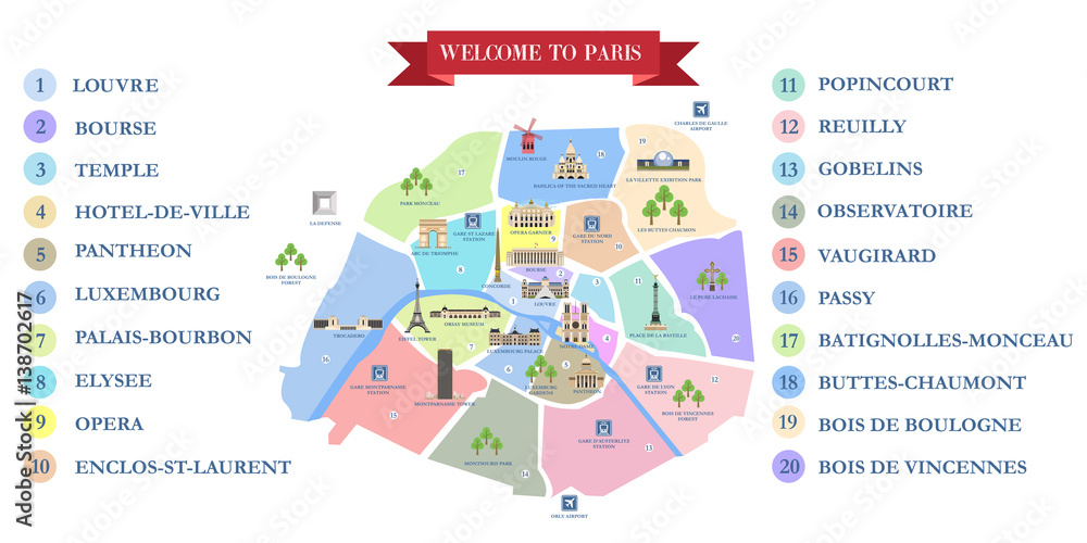 Fototapeta premium Vector detailed map of the city of Paris with its famous attractions and names.