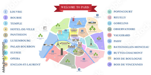 Vector detailed map of the city of Paris with its famous attractions and names.