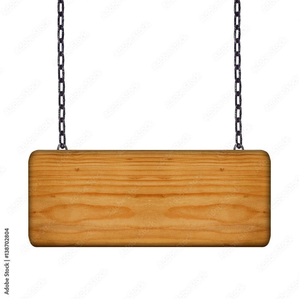 Wooden sign hanging on a chain isolated on white Wooden sign hanging on a chain isolated on white