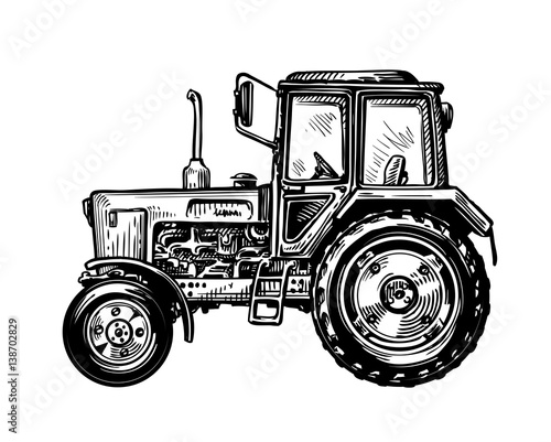 Hand-drawn farm truck tractor. Transport sketch vector illustration