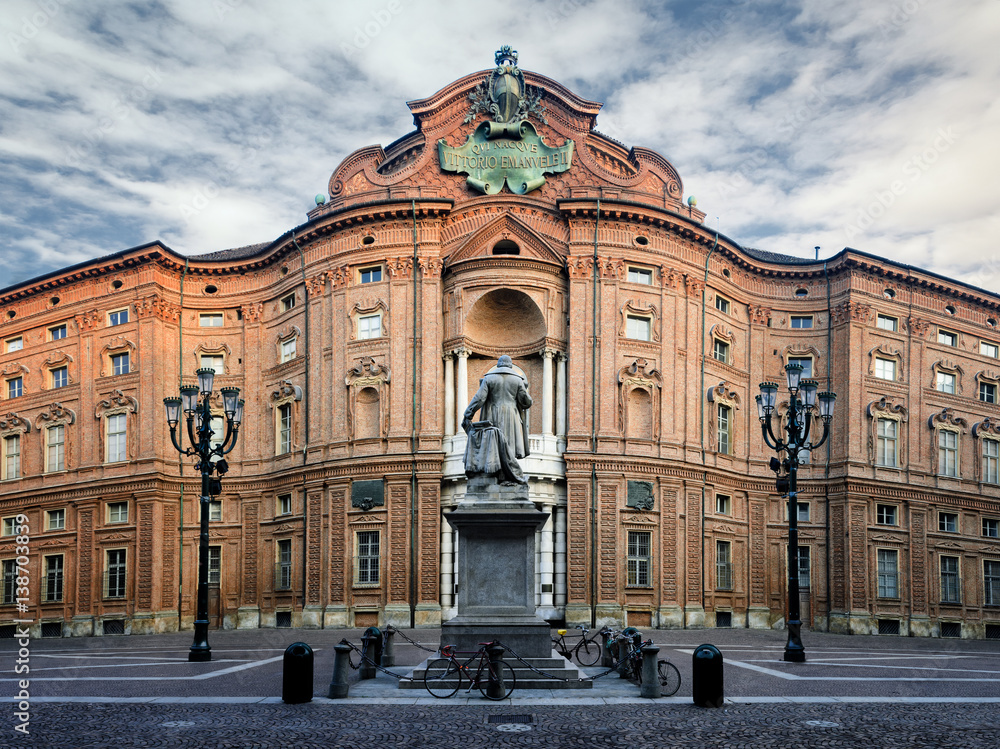 Piazza Carignano, one of the main squares of Turin (Italy) with Palazzo Carignano, historic baroque palace and first italian parliament