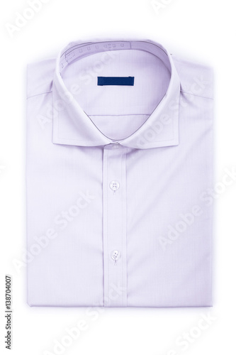 Men's classic pink folded cotton shirt with long or short sleeve and blue blank label isolated on white background.