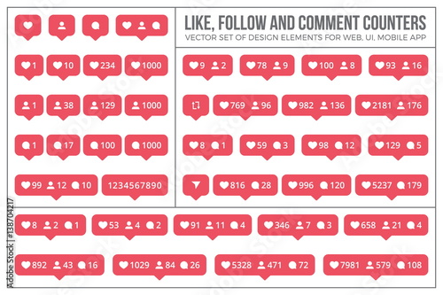 Set Vector Flat Counter Icons Like, Follow, Comment on White Background. Design elements for social network, web, ui, mobile, app