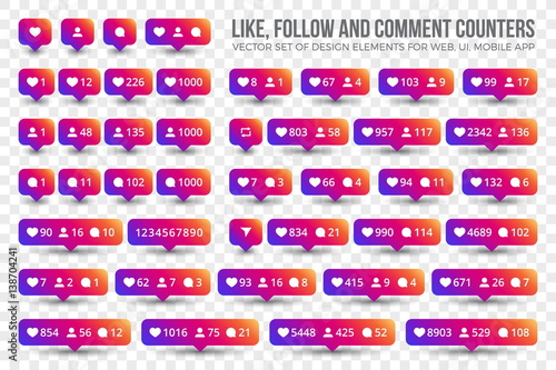Set Vector 3D Counter Icons Like, Follow, Comment on Transparent Background. Design elements for social network, web, ui, mobile, app
