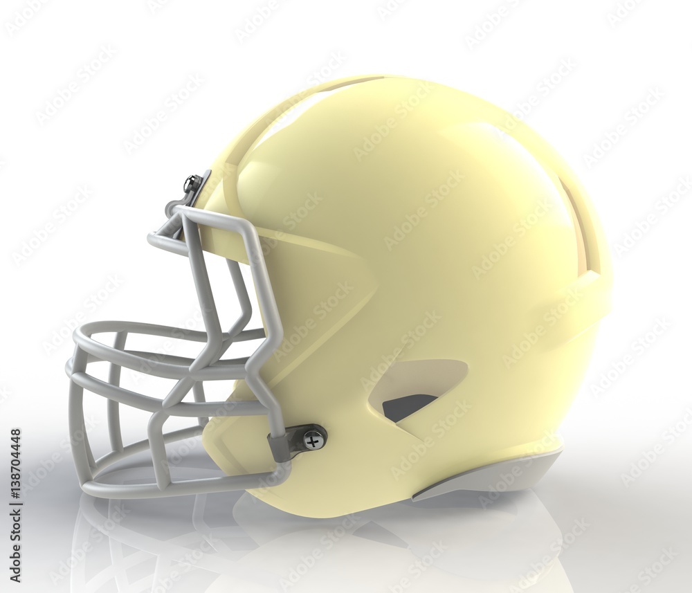 Fototapeta premium Shiny yellow wax american football helmet side view on a white background with detailed clipping path, 3D rendering