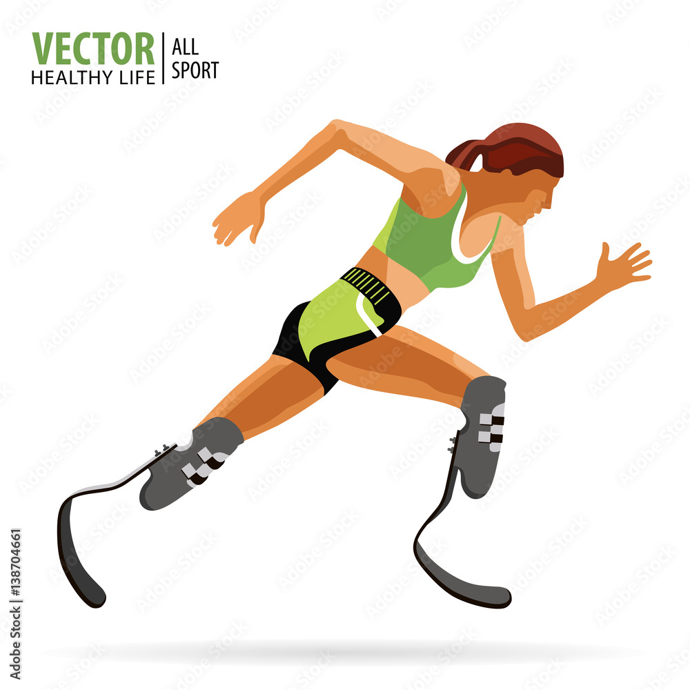 Young woman with prosthetic leg crouching for sports race on footpath stock  photo