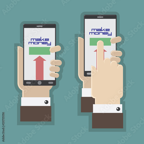 vector illustration depicting a phone in his hand and presses the button
