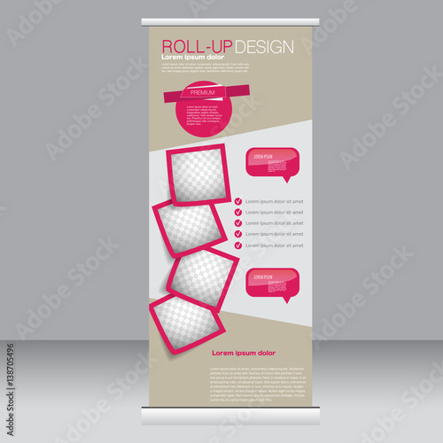 Roll up banner stand template. Abstract background for design,  business, education, advertisement. Pink color. Vector  illustration.