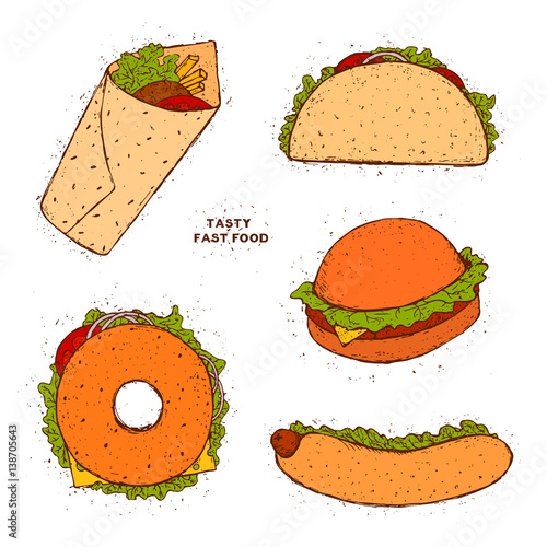 Set of fast food. Taco, hot dog, hamburger, kebab, donut. Hand drawn colored doodle illustration.