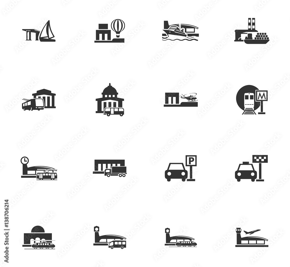 Stations of public transport icons set Stations of public transport icons set