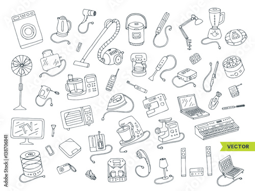 Household appliances doodle hand drawn big icons set. Collection of equipment. Cartoon doodling style drawing. Symbols of electronic objects.